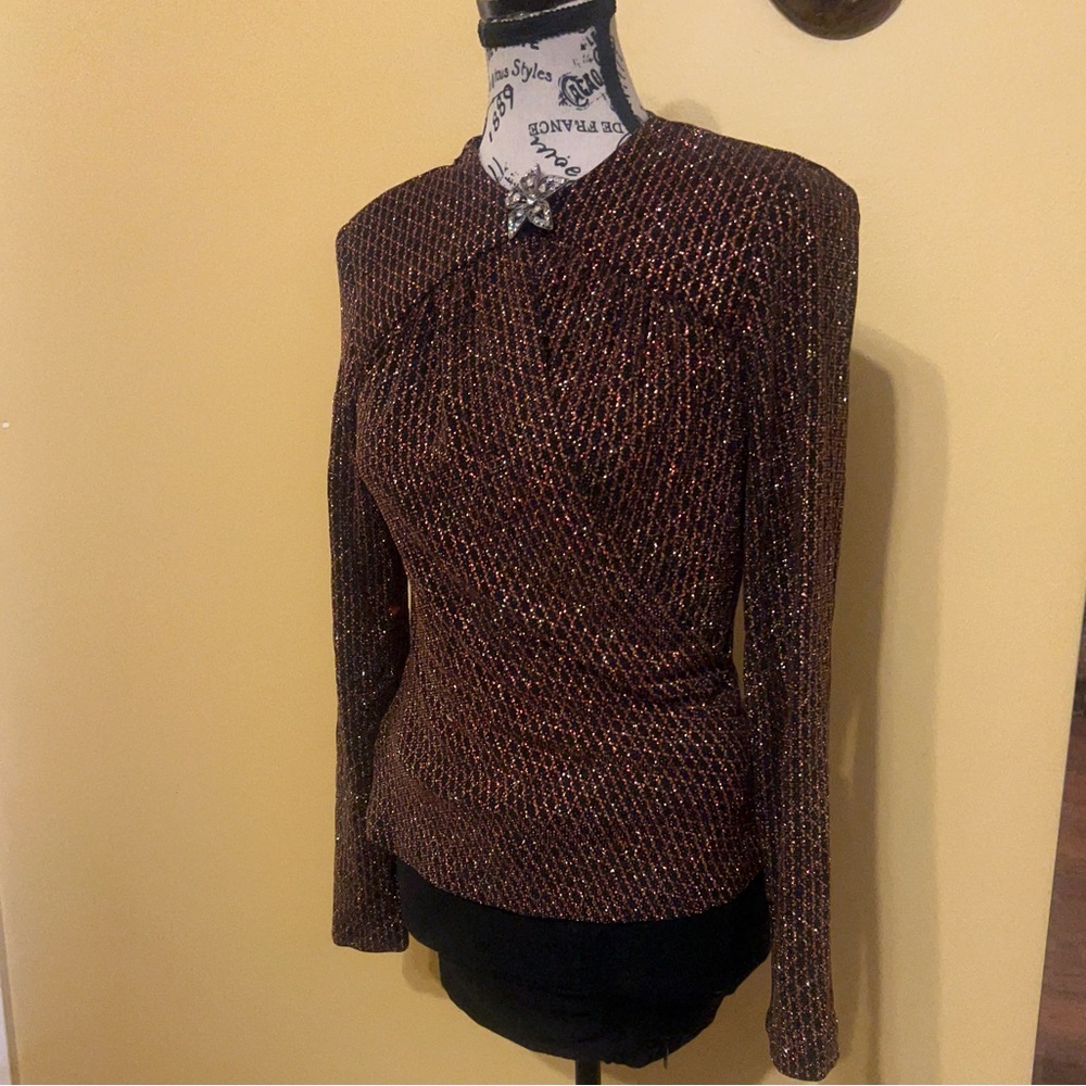 Patra vintage black and multi-color metallic tweed blazer with a brooch size 8
